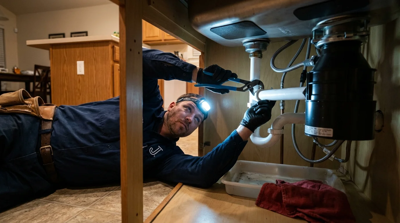 P-trap and supply line connections under a kitchen sink showing a common leak point in Greenbrier, AR